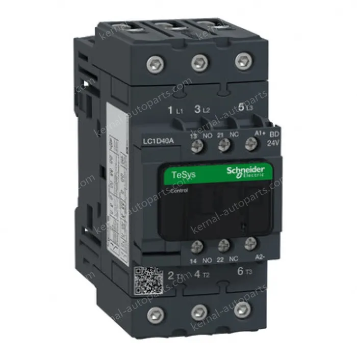 LC1D40ABD IEC contactor, TeSys Deca, nonreversing, 40A, 30HP at 480VAC, up to 100kA SCCR, 3 phase, 3 NO, 24VDC coil, open style